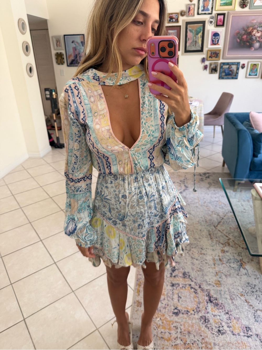 Boho Floral Printed Mini Dress in Pastel Blue Hermant & Nandita
